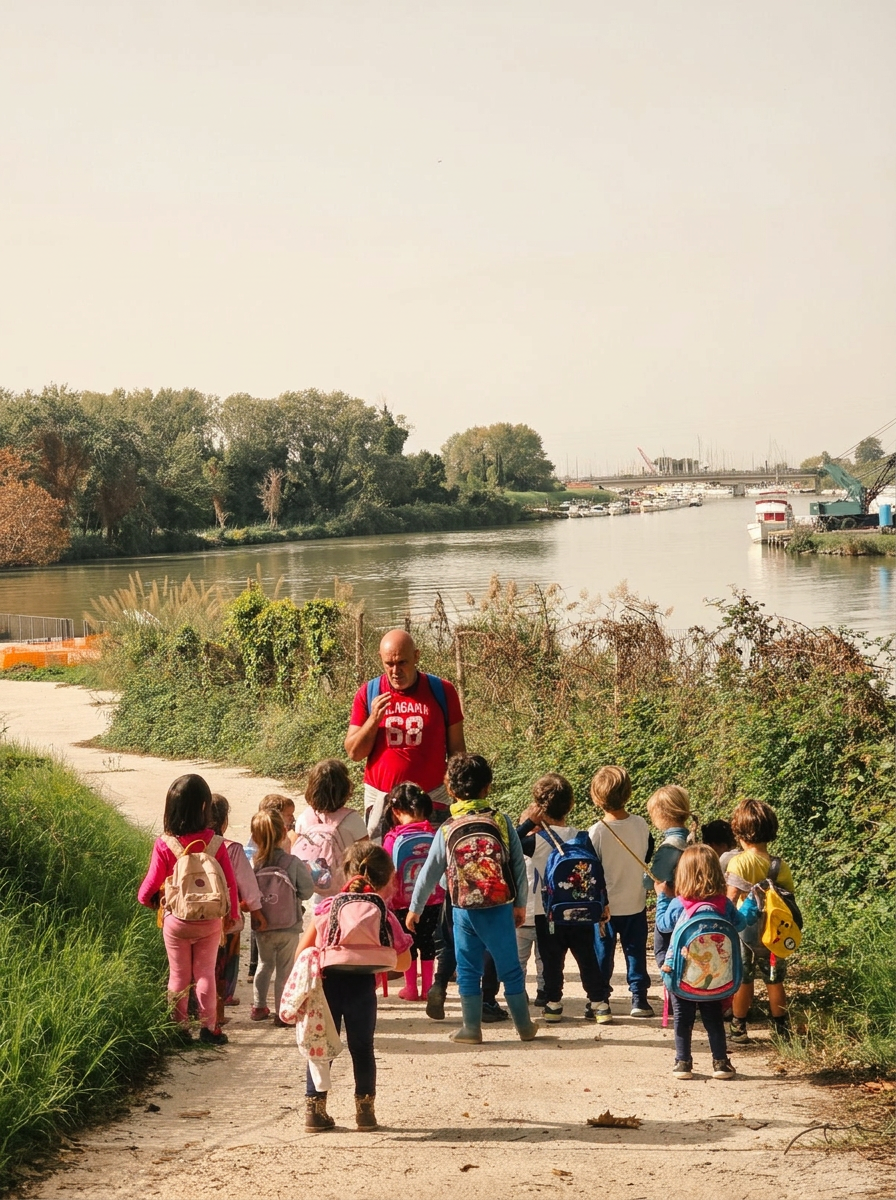 Paolo Mai in cammino con un gruppo di bambini con gli zaini lungo un sentiero al fiume
